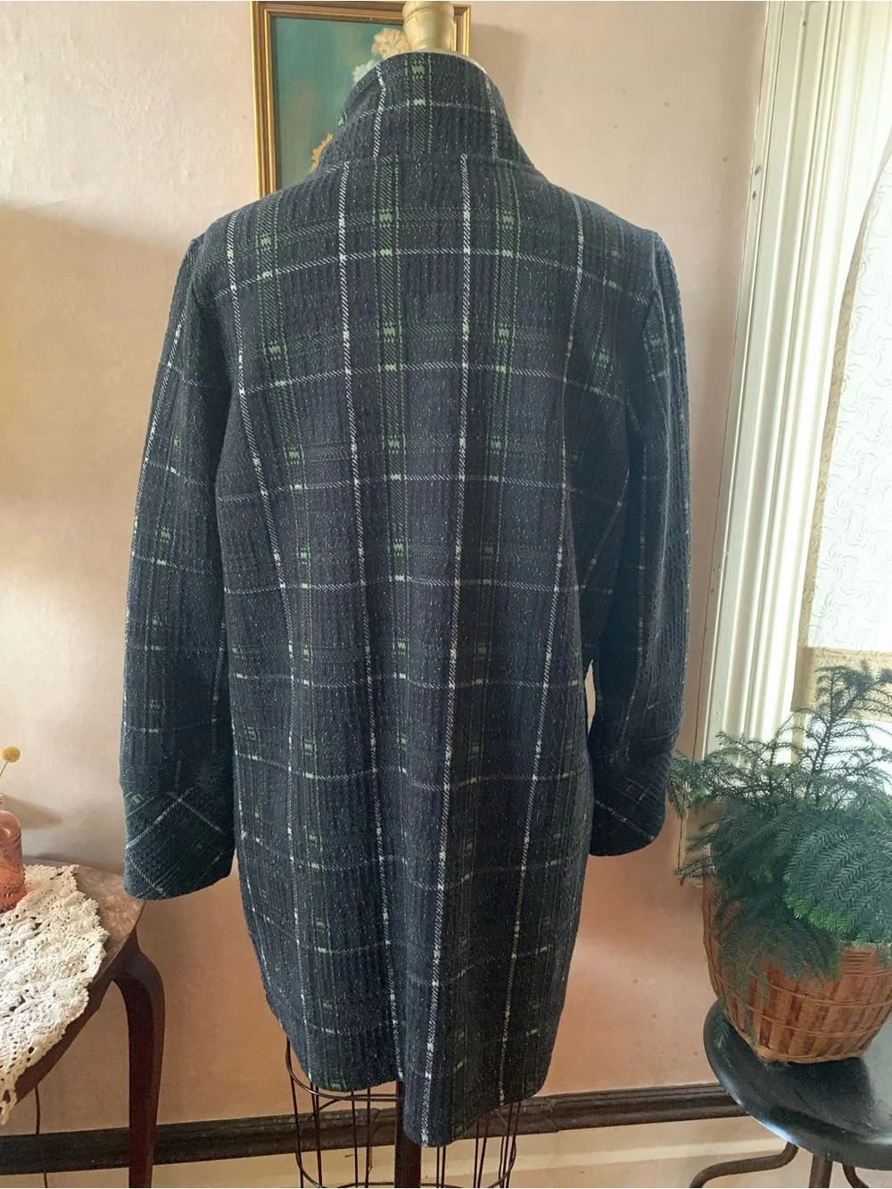 HABITAT Speckled Textured Black and Green Plaid Car Coat Jacket